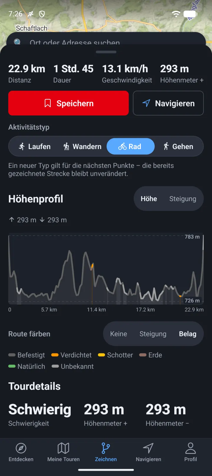 Höhenprofil nach Steigung eingefärbt