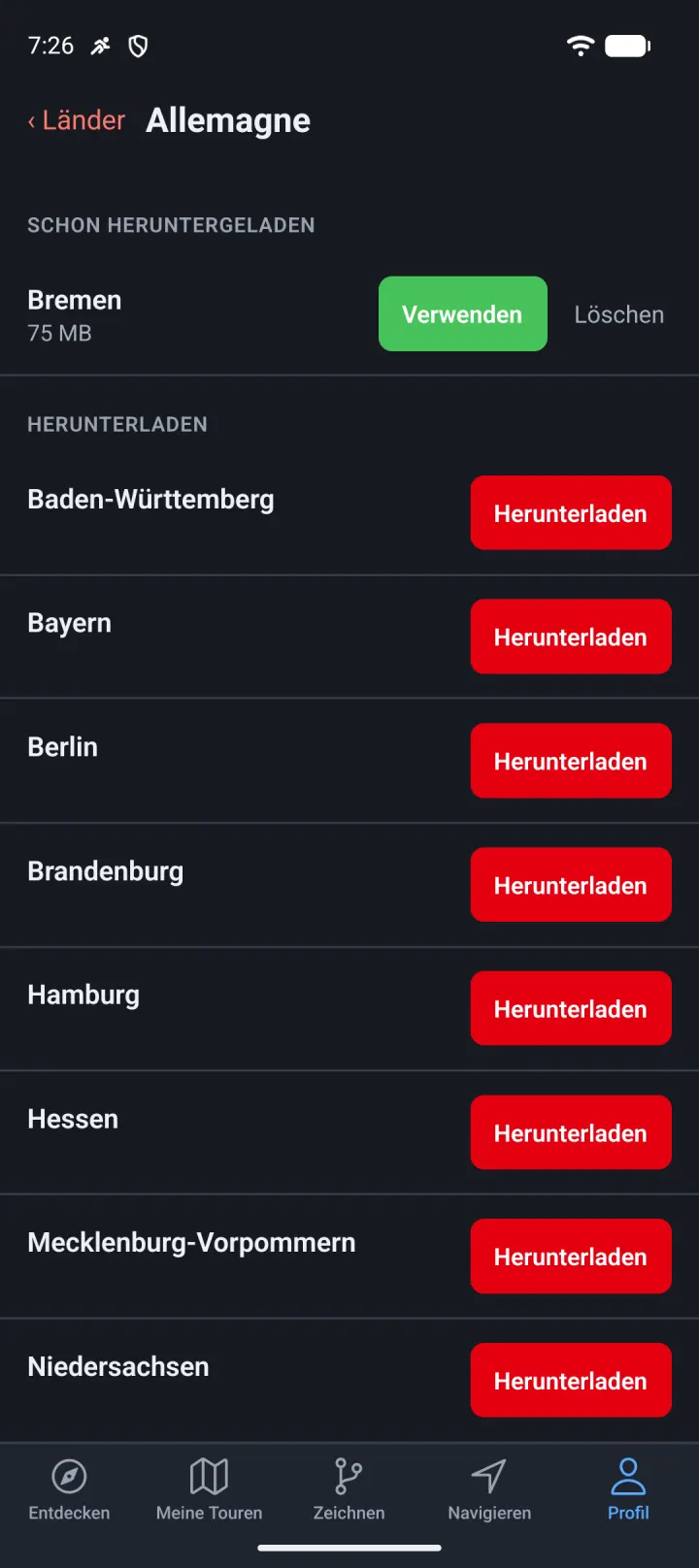Für die Offline-Nutzung heruntergeladene Regionen