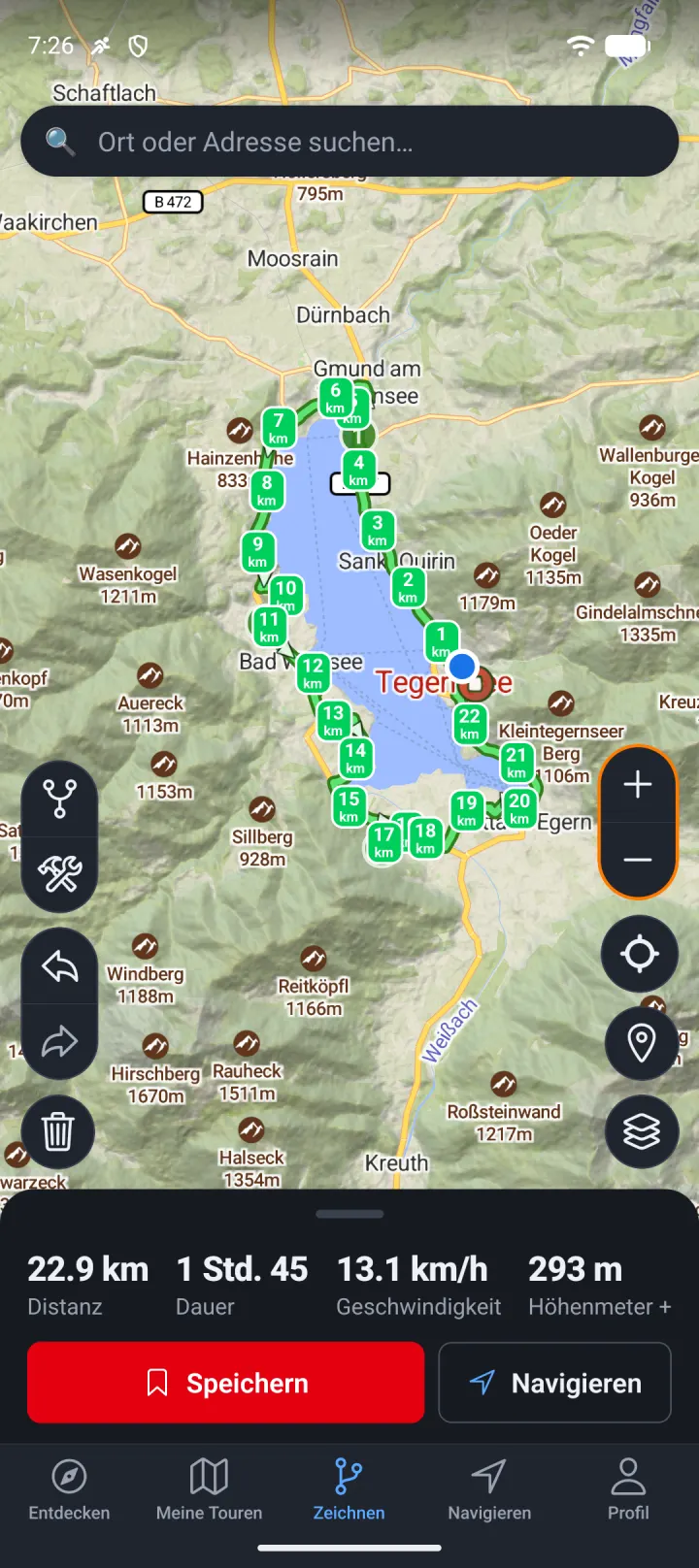 Eine Route mit Distanz, Höhenmetern und Dauer