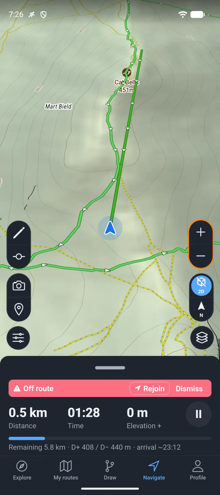 A route drawn in the MapPlanner app