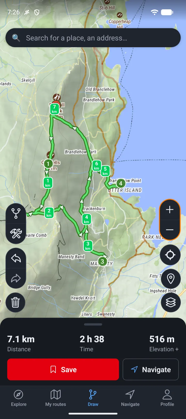 A route being drawn with its distance, elevation gain and time