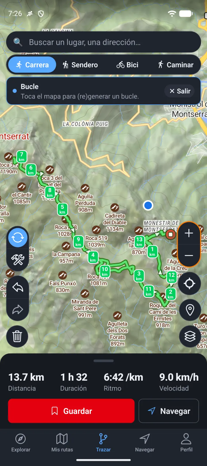 Una ruta circular generada desde un punto de partida