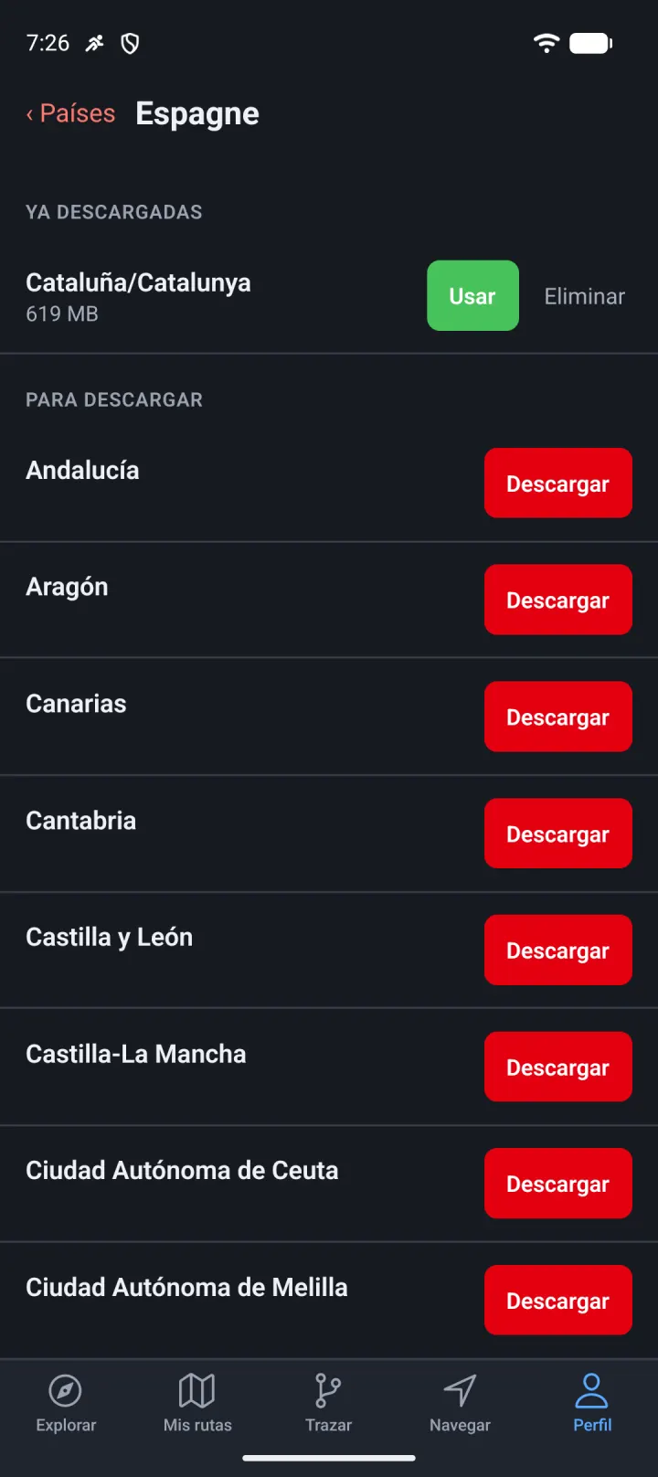 Regiones descargadas para usar sin conexión