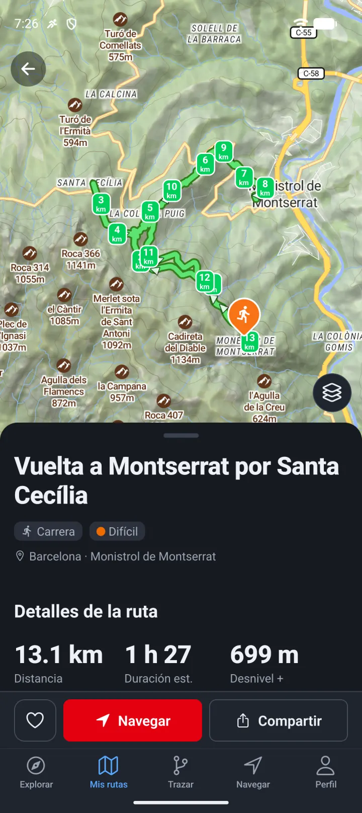 La ficha de una ruta con sus estadísticas