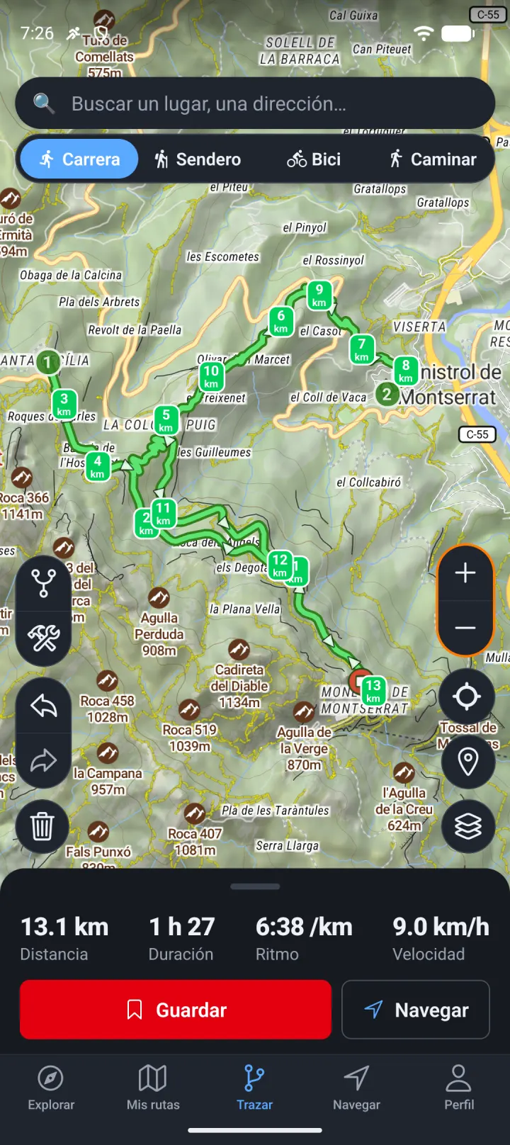 Una ruta trazada con su distancia, desnivel y duración