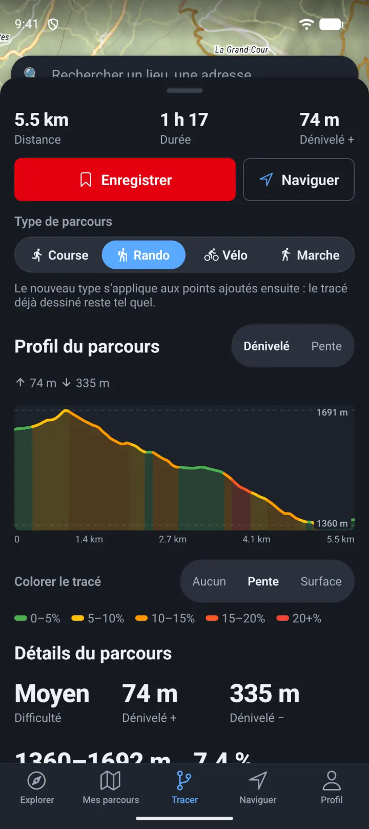 Profil d'altitude coloré par la pente