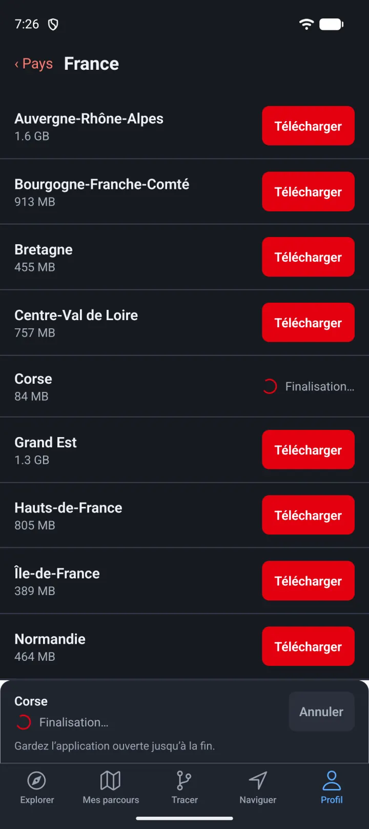 Régions téléchargées pour une utilisation hors ligne