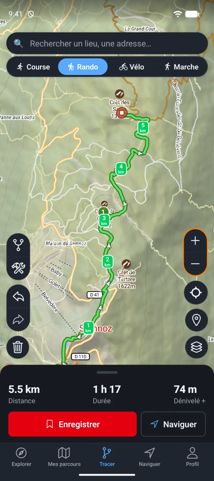 Tracé d'un parcours avec sa distance, son dénivelé et sa durée