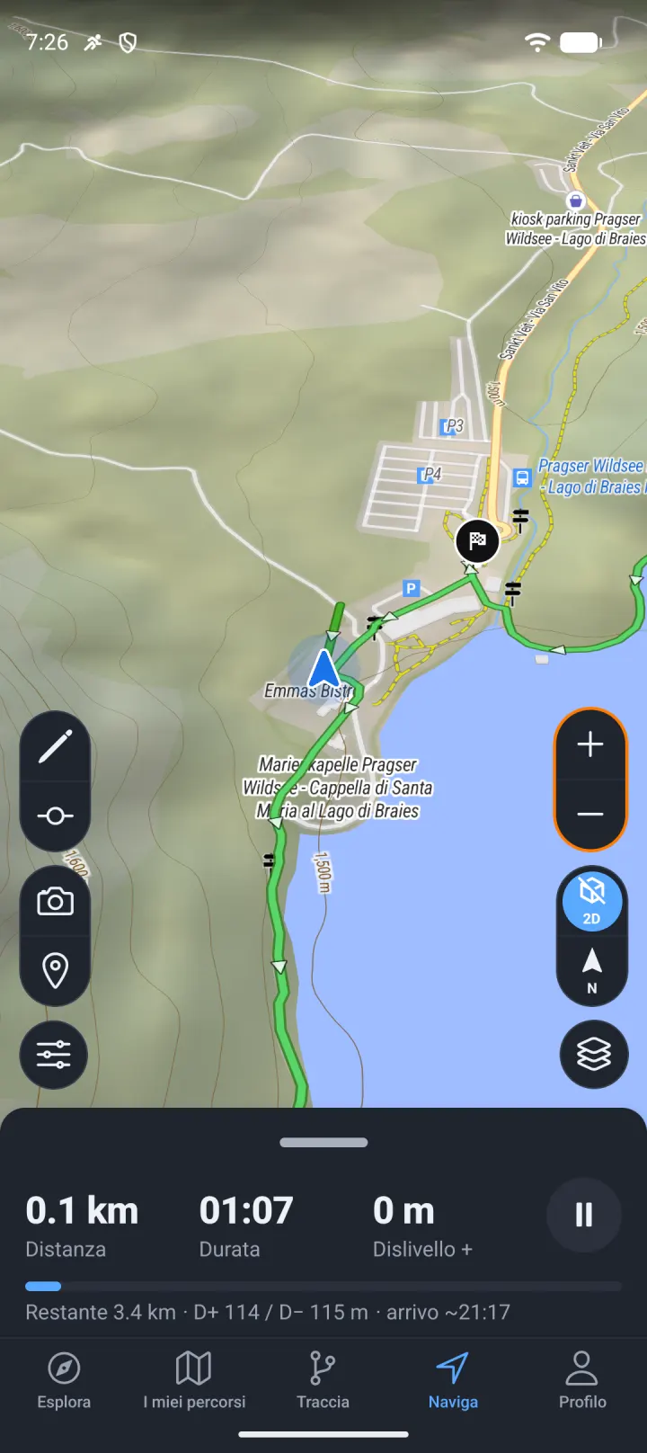 Un percorso tracciato nell'app MapPlanner