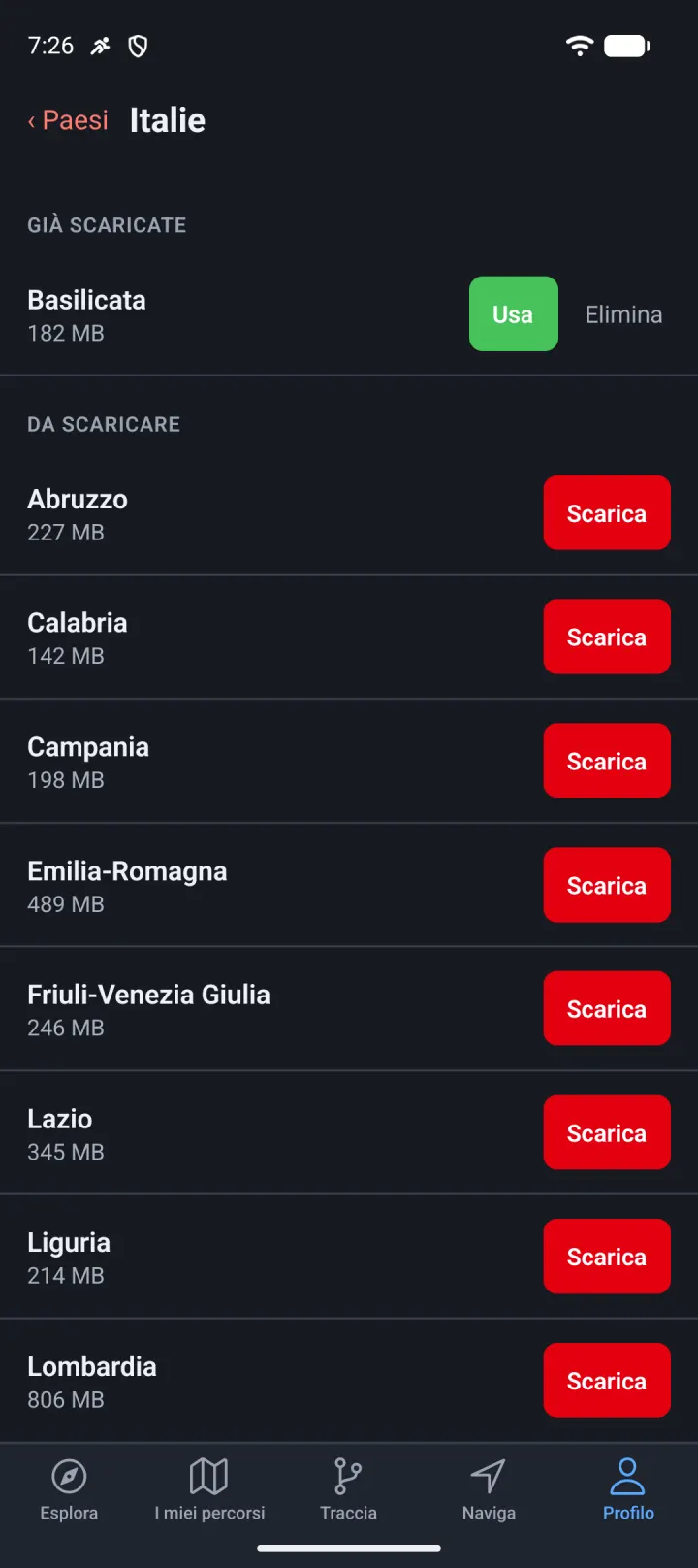 Regioni scaricate per l'uso offline
