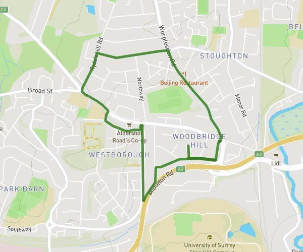 From 12 Woodbridge Hill Gardens to Guildford